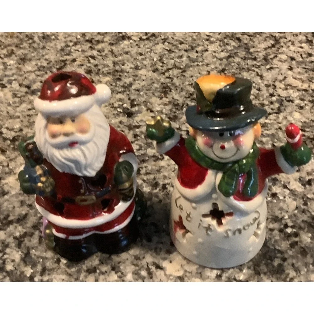 Hallmark Snowman/Santa Clause Ceramic Tea Light Candle Luminary Holder